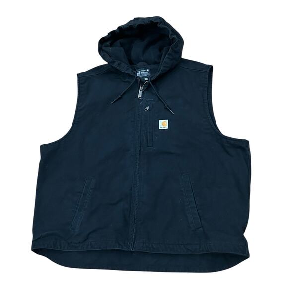 Carhartt Black Hooded Work Vest Relaxed Fit Heavy Duty Zip-Up